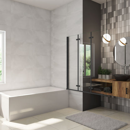 Parete Doccia Per Vasca da Bagno 130x140 cm 3 Ante Movibili Pieghevoli a Libro in Vetro Temperato 6 mm Trasparente Anticalcare Telaio Nero Opaco