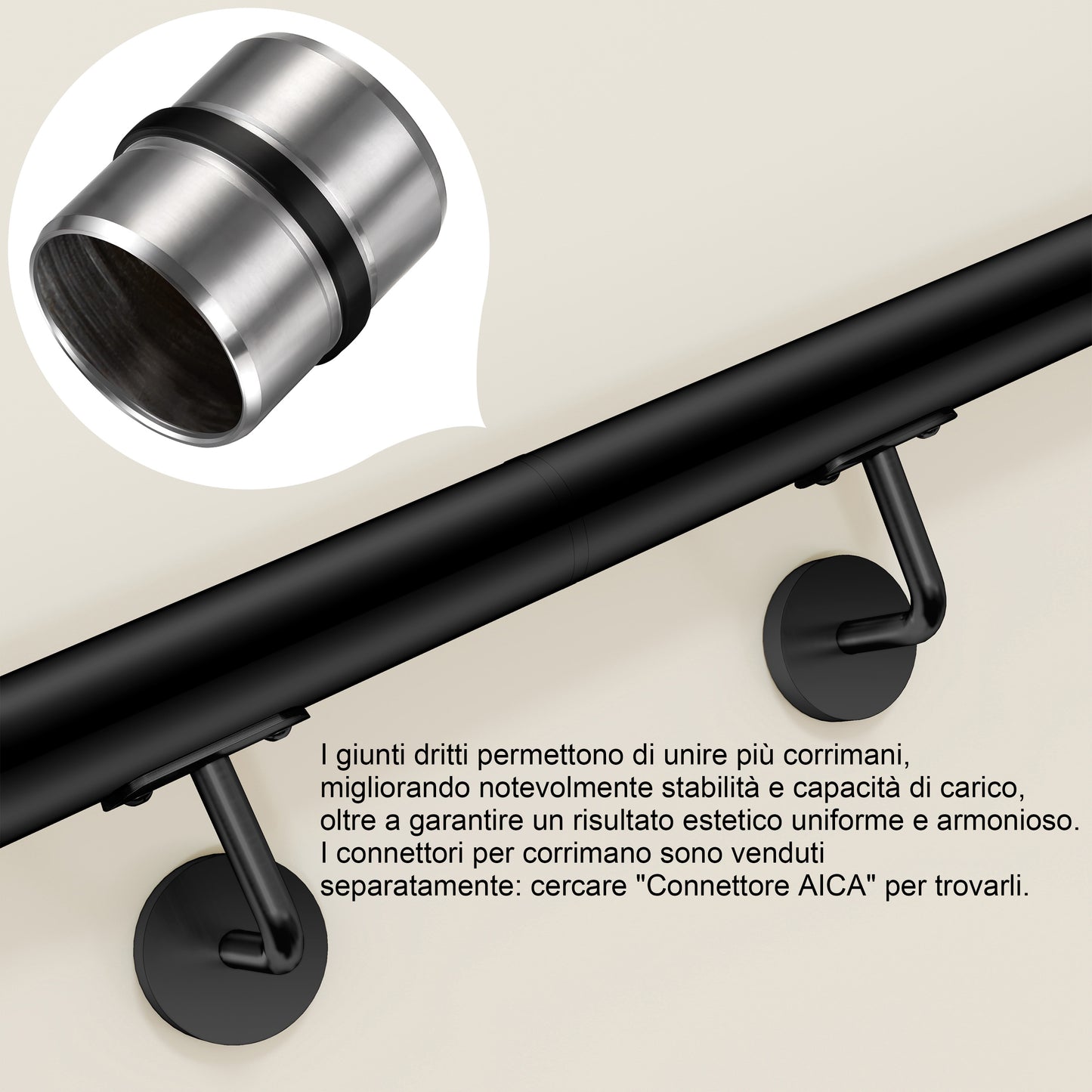 Connettore regolabile /Connettore dritto in acciaio inox 304 per corrimano Ø42.2/42.4mm parete#Black