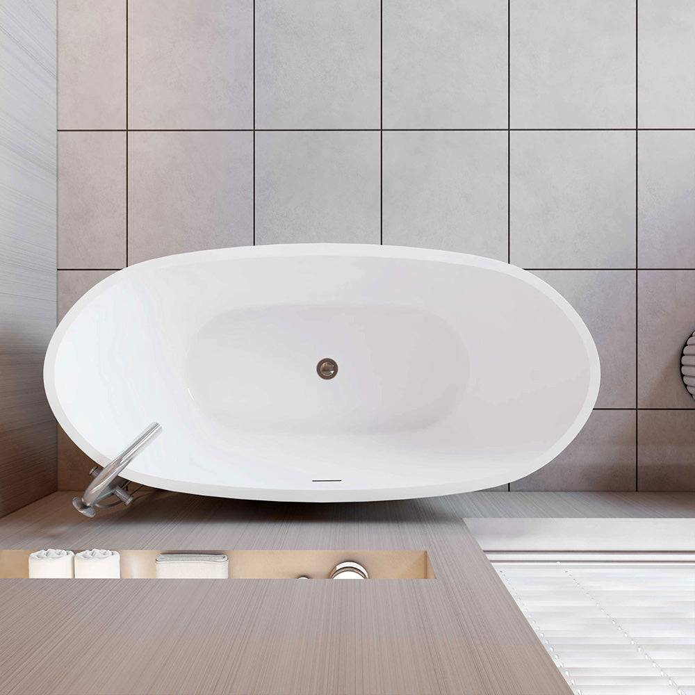 Vasca da Bagno a Isola Freestanding in Acrilico da 170x72x65 cm, Colore Bianco, Forma di Barca Ovale