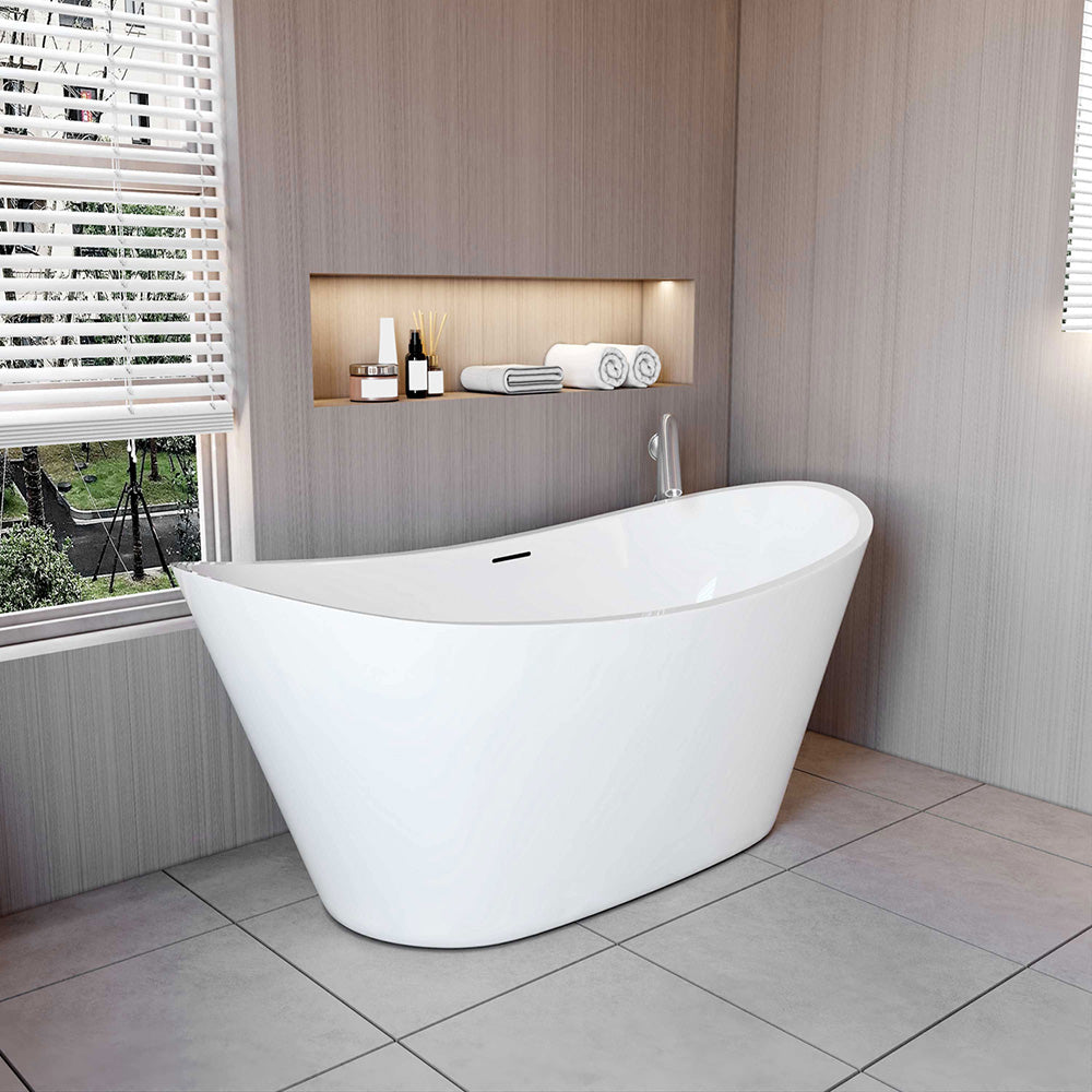 Vasca da Bagno a Isola Freestanding in Acrilico da 170x72x65 cm, Colore Bianco, Forma di Barca Ovale