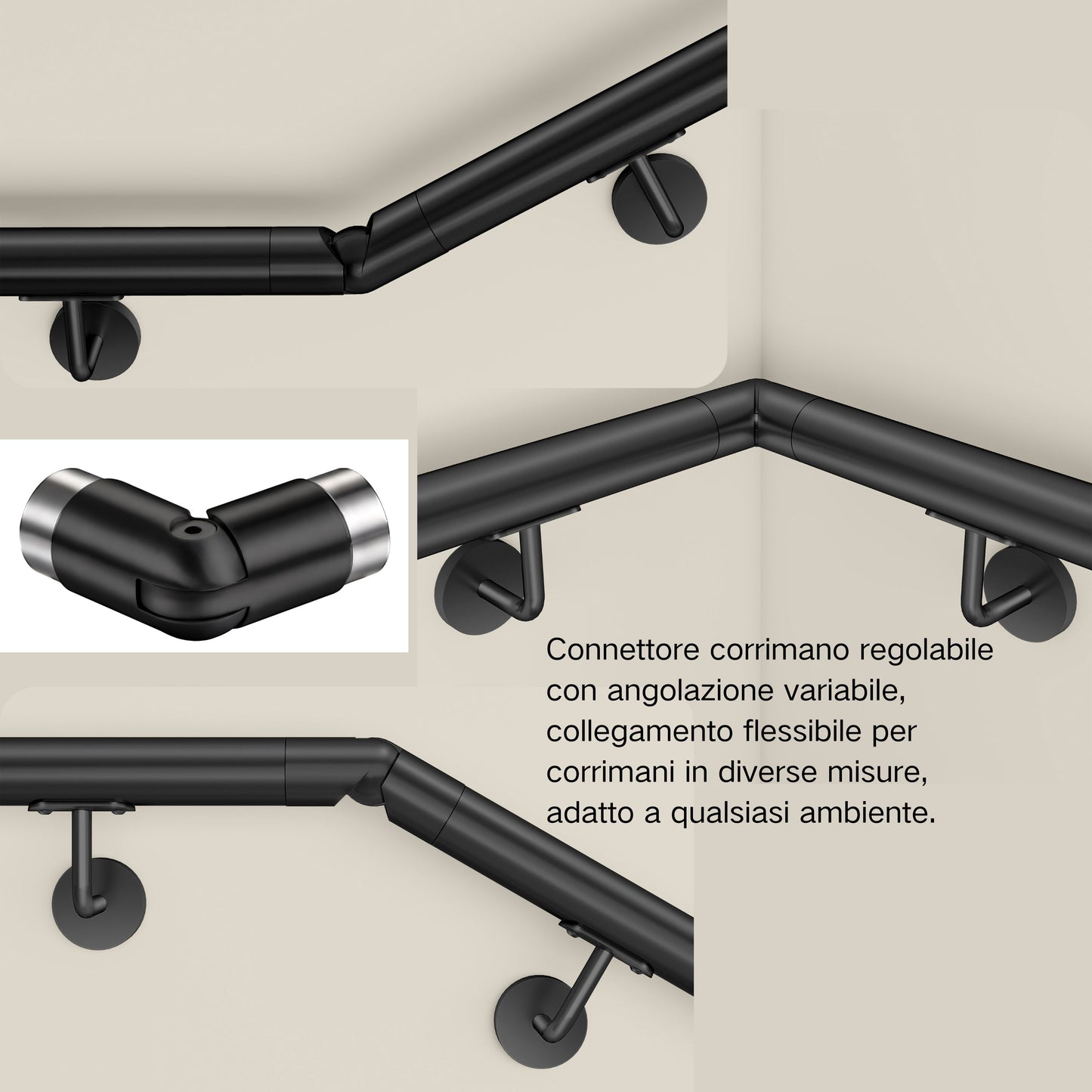 Connettore regolabile /Connettore dritto in acciaio inox 304 per corrimano Ø42.2/42.4mm parete#Black