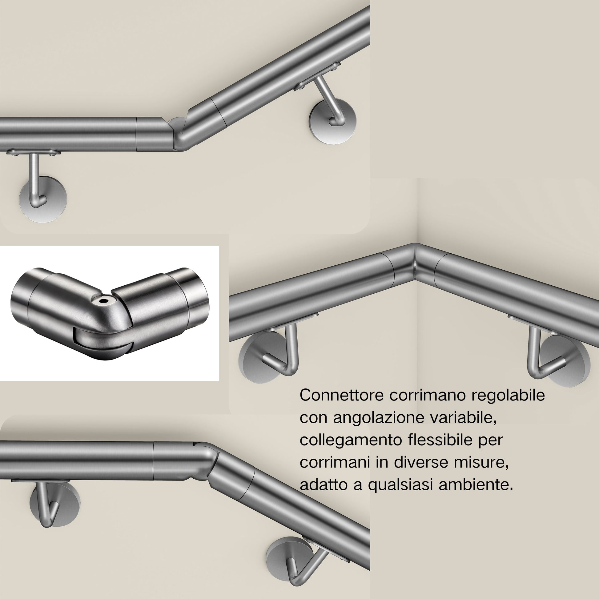 Connettore regolabile /Connettore dritto in acciaio inox 304 per corrimano Ø42.2/42.4mm parete#Argento spazzolato