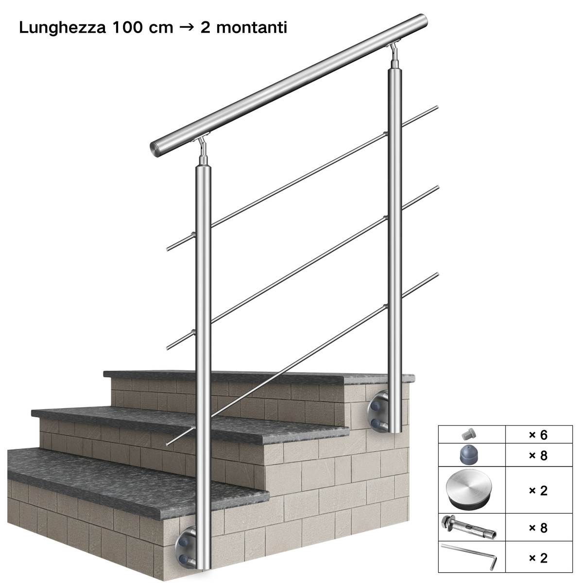 Kit ringhiera in acciaio inox 304 con montaggio laterale, lunghezze 100–240 cm, 3 traverse, espandibile con giunzioni