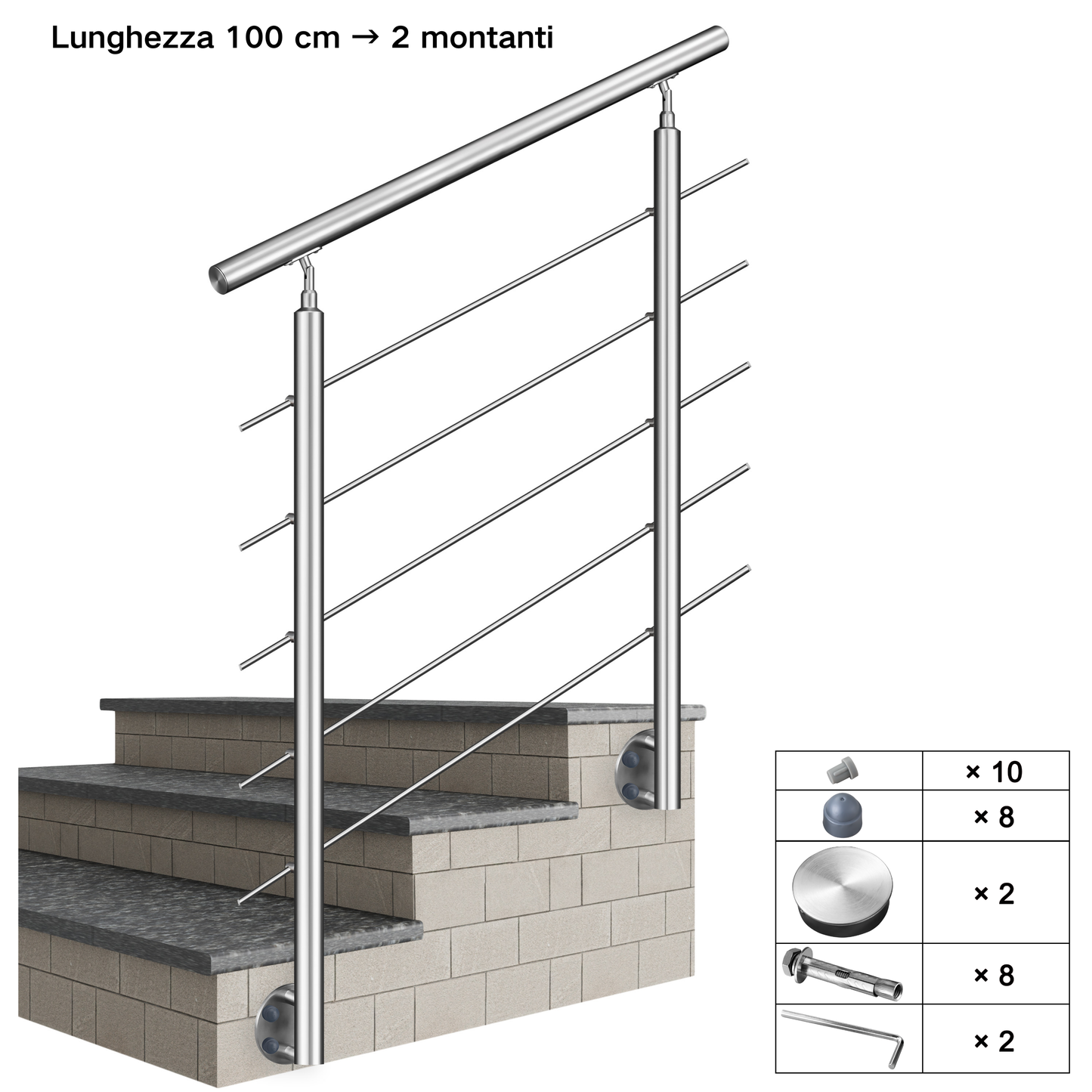 Kit ringhiera in acciaio inox 304 con montaggio laterale, lunghezze 100–240 cm, 5 traverse, espandibile con giunzioni