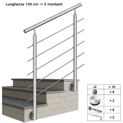 Kit ringhiera in acciaio inox 304 con montaggio laterale, lunghezze 100–240 cm, 5 traverse, espandibile con giunzioni