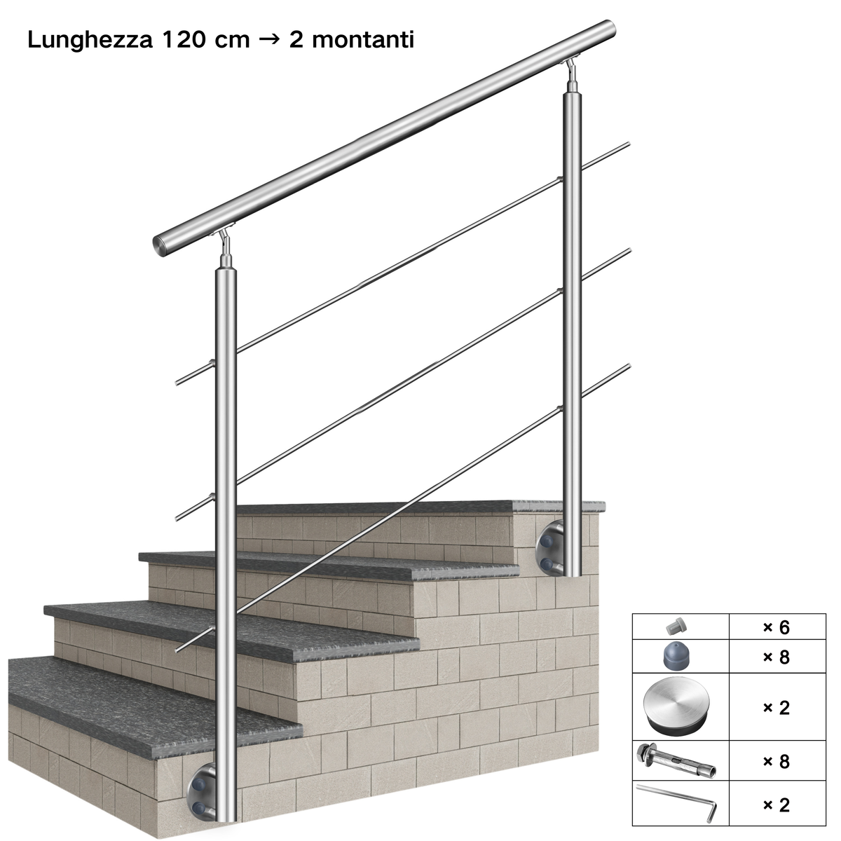 Kit ringhiera in acciaio inox 304 con montaggio laterale, lunghezze 100–240 cm, 3 traverse, espandibile con giunzioni