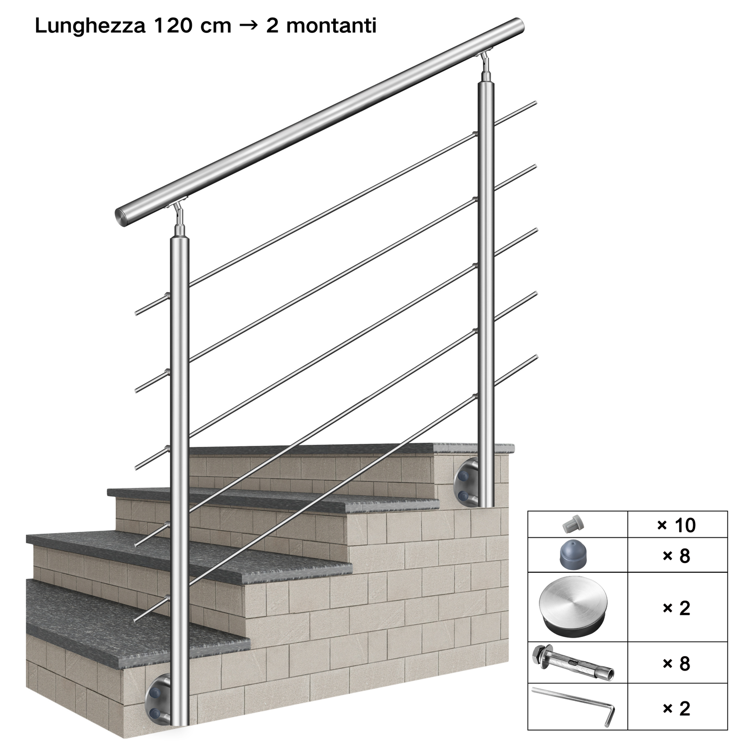 Kit ringhiera in acciaio inox 304 con montaggio laterale, lunghezze 100–240 cm, 5 traverse, espandibile con giunzioni