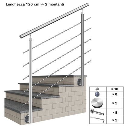 Kit ringhiera in acciaio inox 304 con montaggio laterale, lunghezze 100–240 cm, 5 traverse, espandibile con giunzioni
