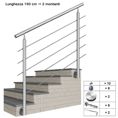 Kit ringhiera in acciaio inox 304 con montaggio laterale, lunghezze 100–240 cm, 5 traverse, espandibile con giunzioni