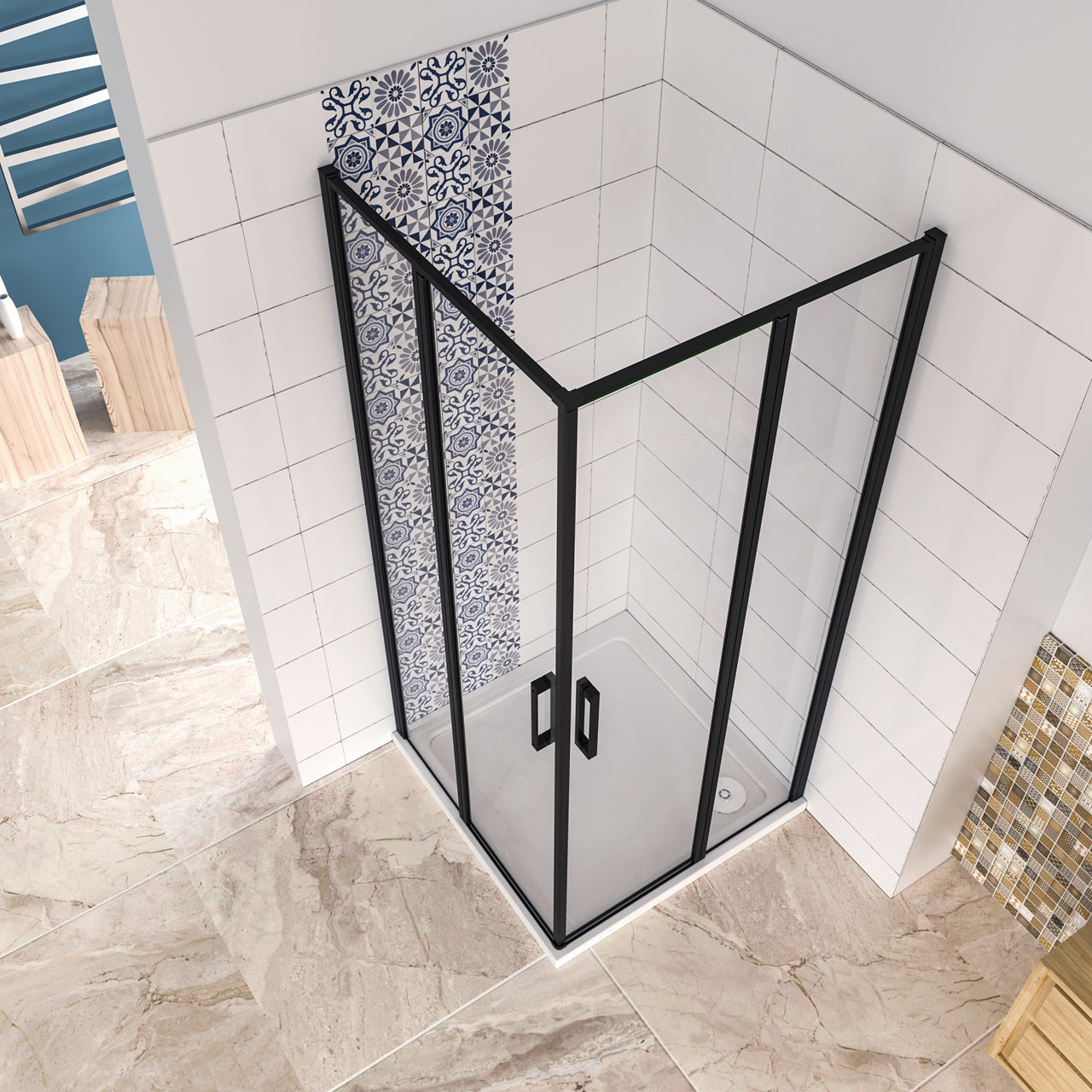 Box Doccia Angolare 80/90/100/120x80/90/100/120 cm H.185 cm Doppia Porta Battente in Vetro Temperato Trasparente Anticalcare 6 mm Profilo Nero Opaco