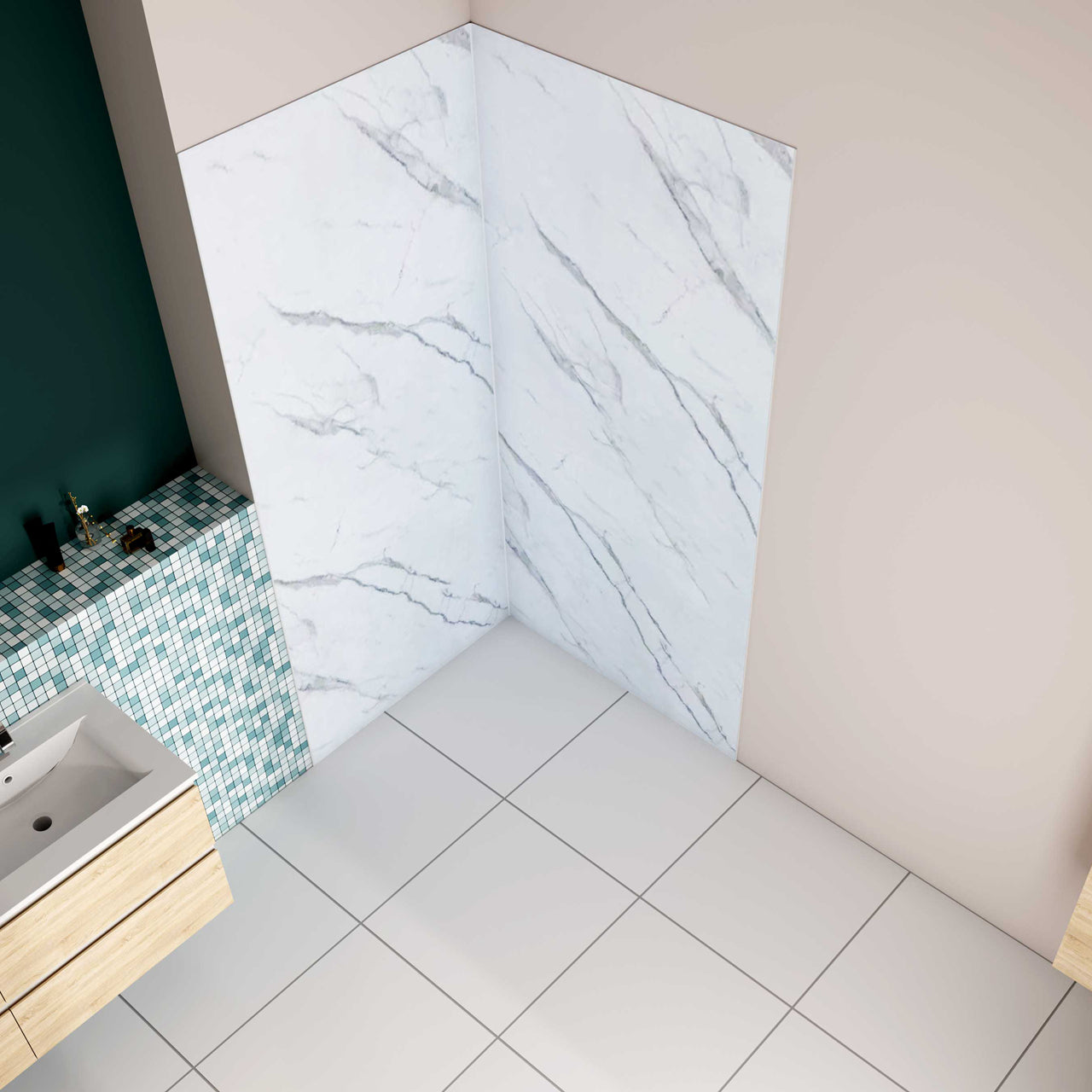 H.210 cm Pannello Doccia ad Angolo Realizzato in Alluminio da 3 mm con Profili Finitura Bianco Alba per Rivestimento Parete Bagno