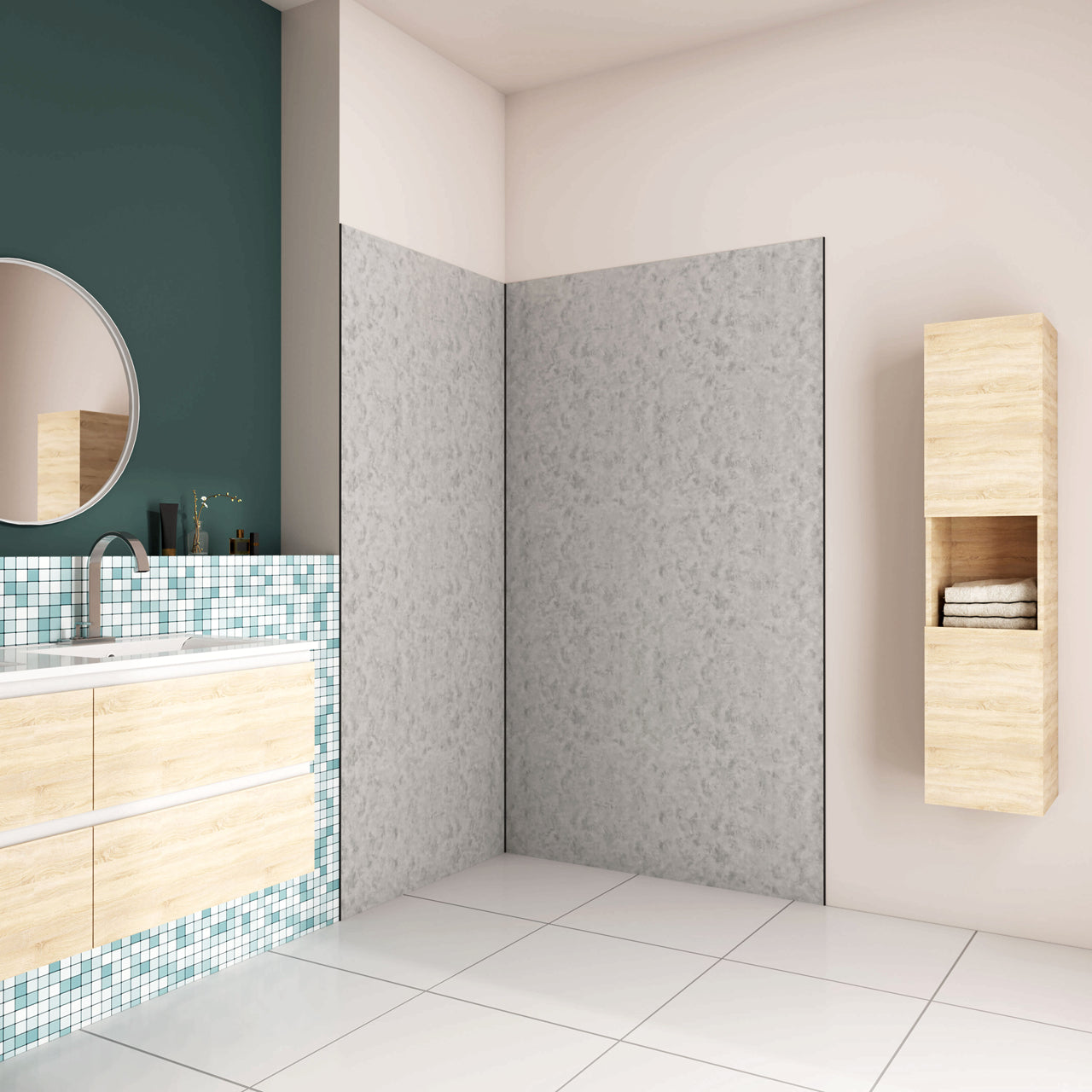 H.210 cm Pannello Doccia ad Angolo Realizzato in Alluminio da 3 mm con Profili Finitura Grigio Cemento per Rivestimento Parete Bagno