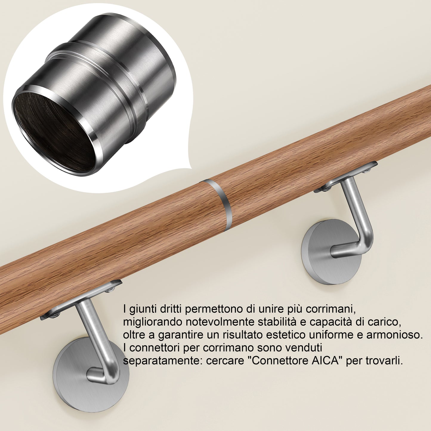 Connettore regolabile /Connettore dritto in acciaio inox 304 per corrimano Ø42.2/42.4mm parete#Argento spazzolato