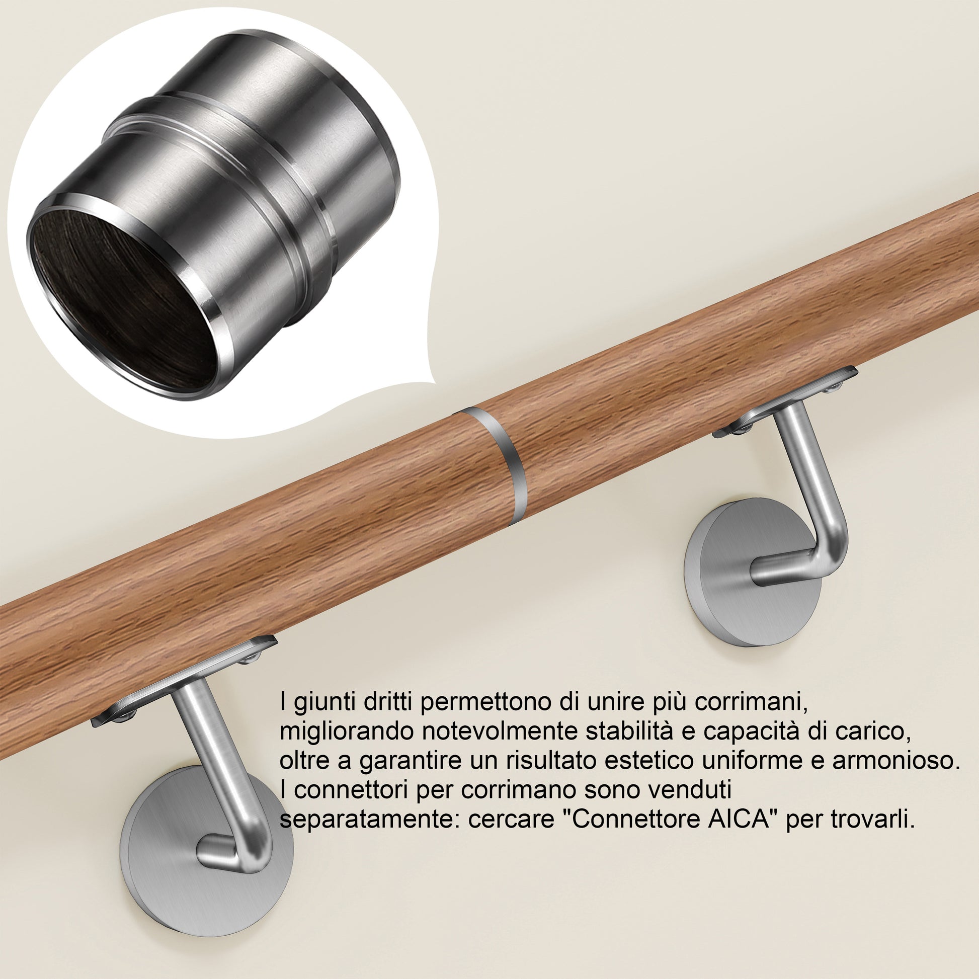 Connettore regolabile /Connettore dritto in acciaio inox 304 per corrimano Ø42.2/42.4mm parete#Argento spazzolato