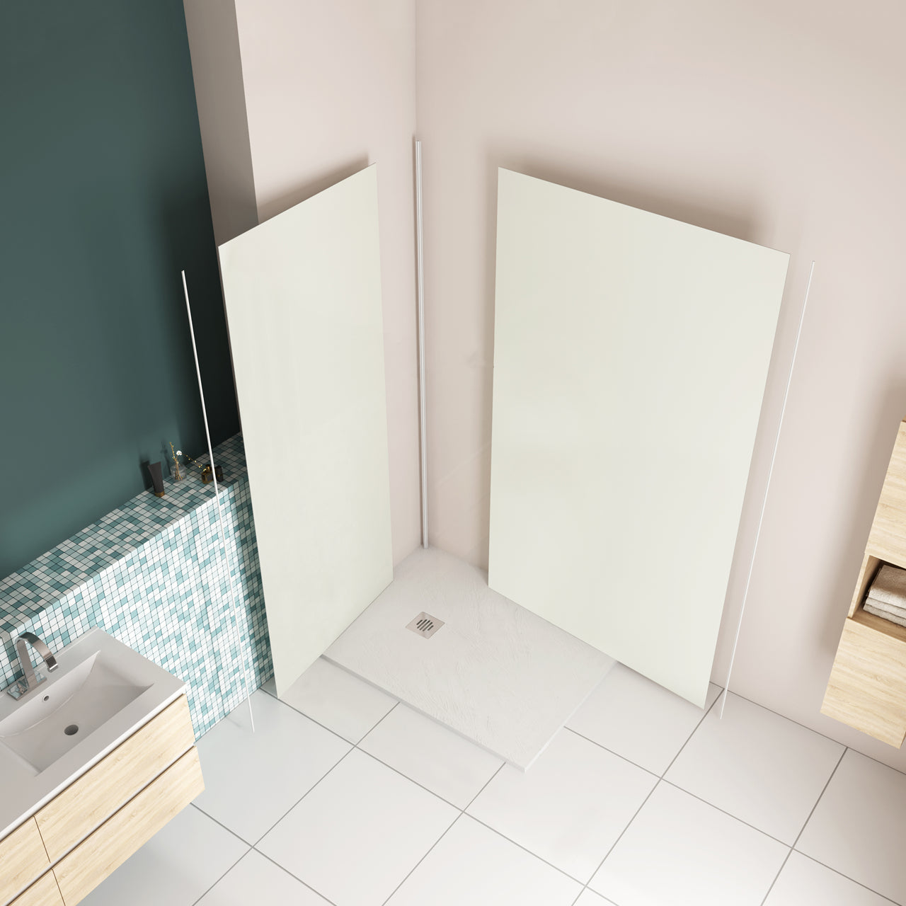 H.210 cm Pannello Doccia ad Angolo Realizzato in Alluminio da 3 mm con Profili Finitura Bianco Avorio per Rivestimento Parete Bagno - Consegna gratuita