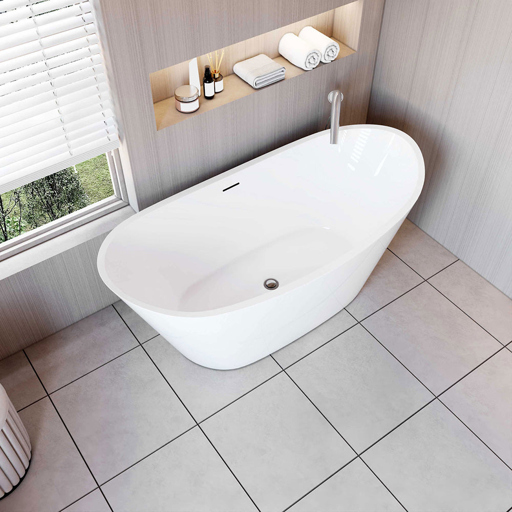 Vasca da Bagno a Isola Freestanding in Acrilico da 170x72x65 cm, Colore Bianco, Forma di Barca Ovale