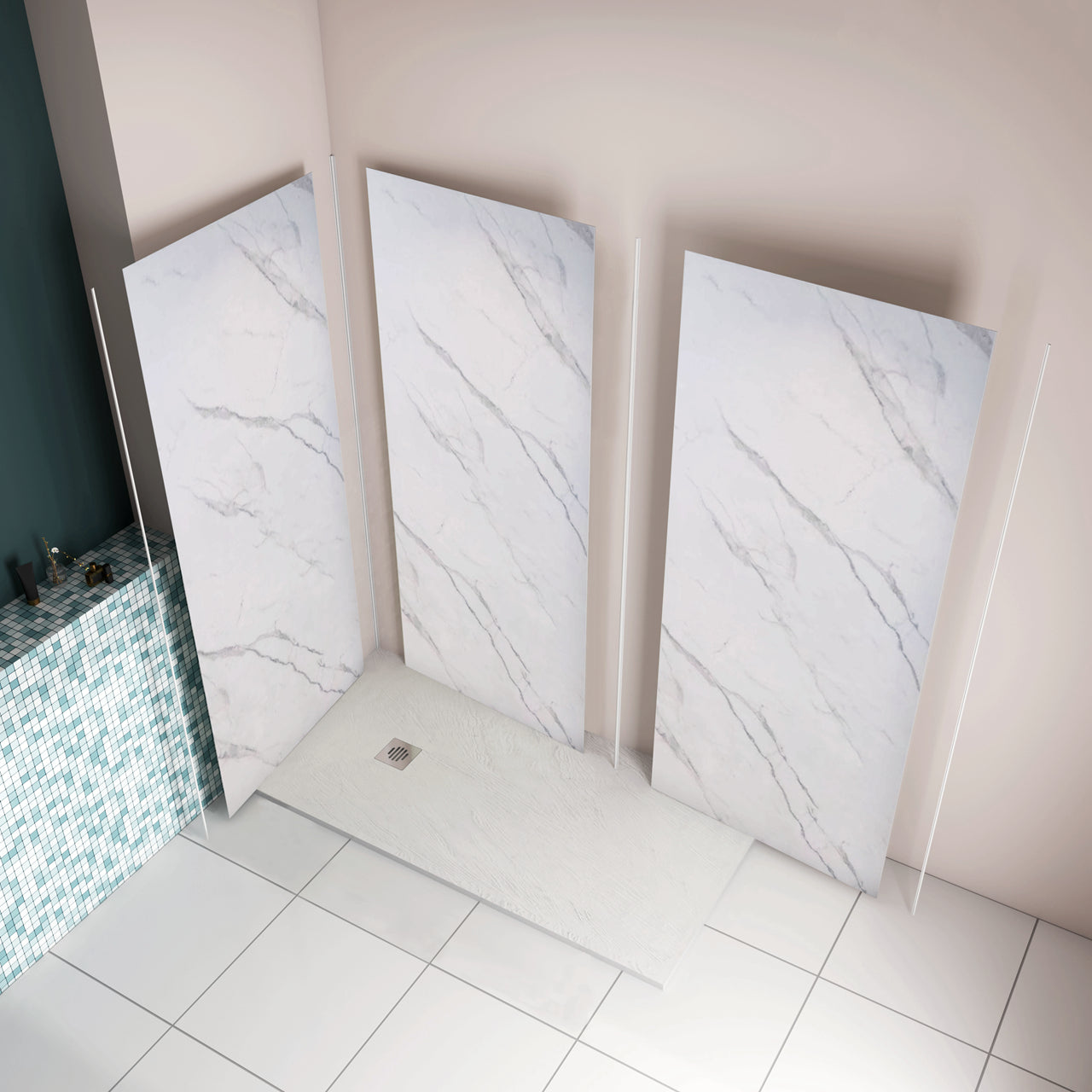 Pannello doccia angolare H.210 cm, realizzato in alluminio da 3 mm con finitura bianco Alba, adatto al rivestimento delle pareti del bagno. - Consegna gratuita