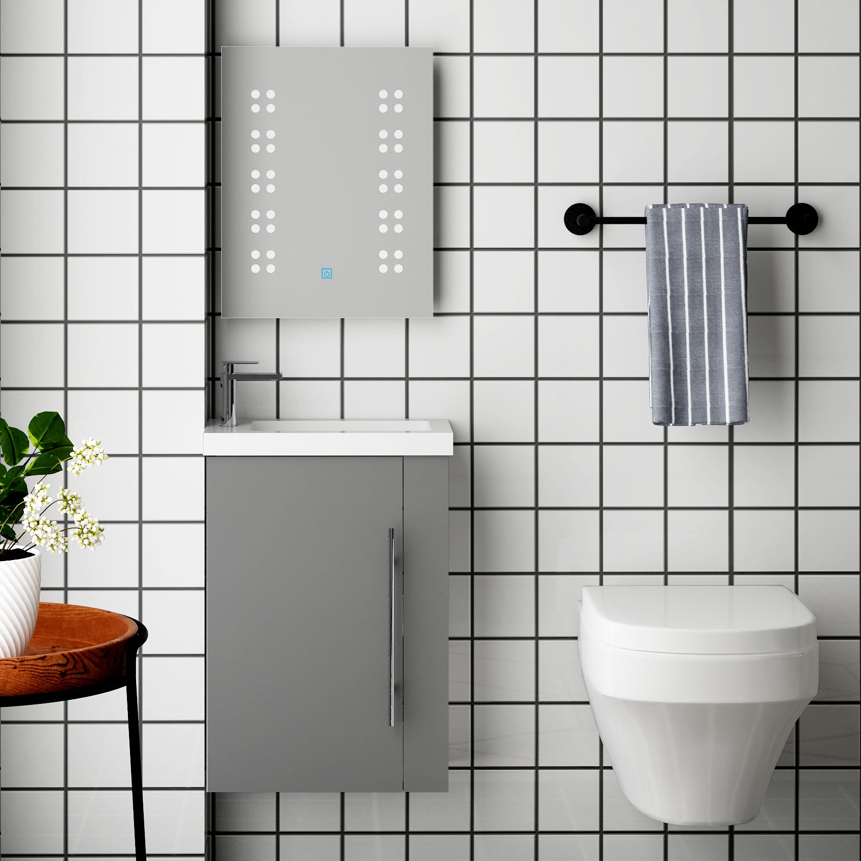 Aica Mobile Bagno Monoblocco Sospeso 44×23×60 cm per Piccoli Spazi con Maniglia e Lavabo in Alluminio