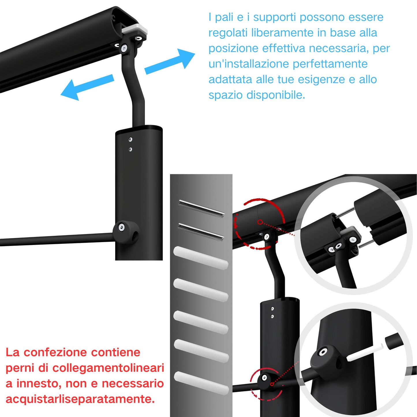Ringhiera modulare in alluminio opaco argento o nero. Misure componibili, giunzioni lineari e angolari. Montaggio a pavimento per interni ed esterni.#Nero