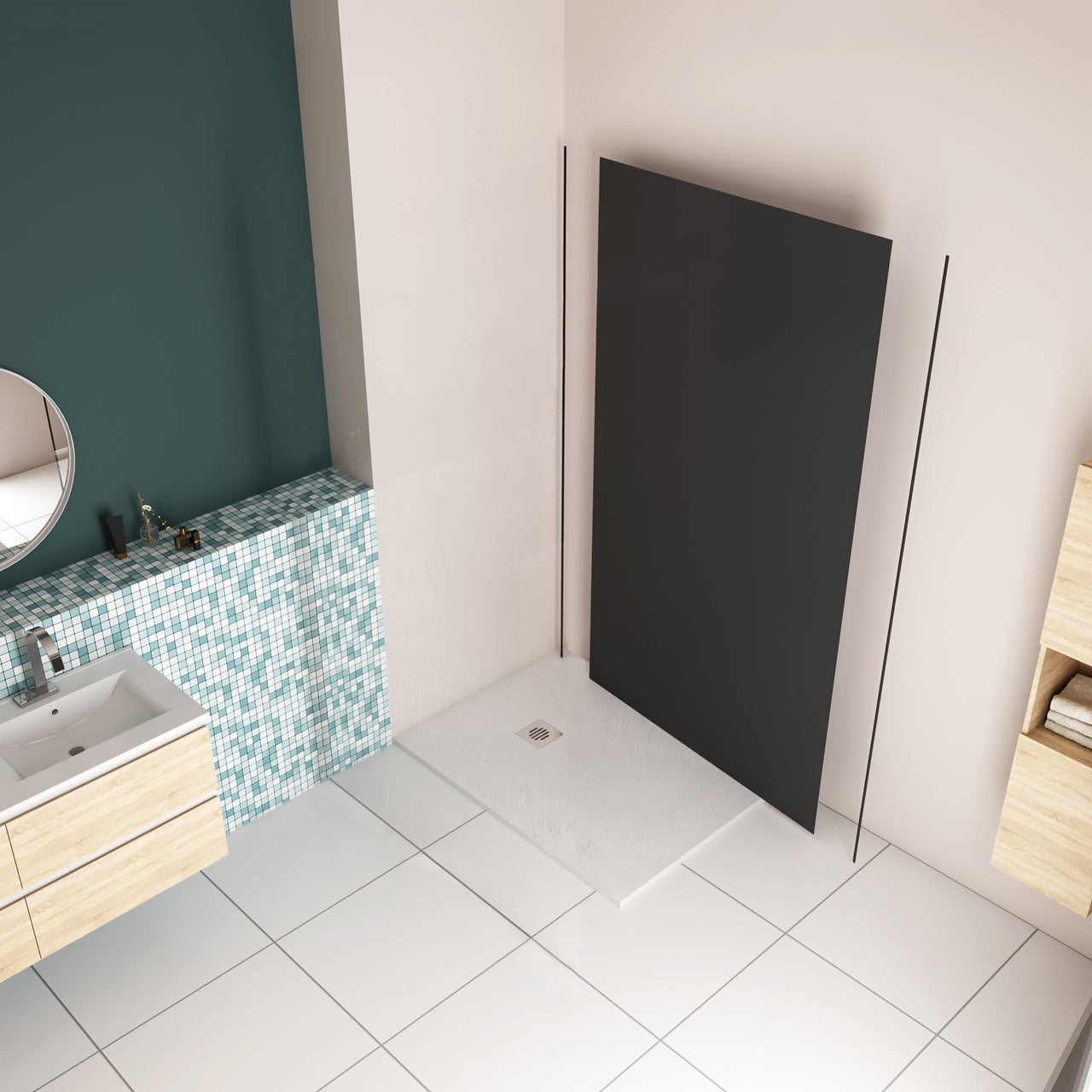 Pannello Doccia Realizzato in Alluminio Spessore 3mm con Profili Finitura Nero Opaco per Rivestimento Parete Bagno