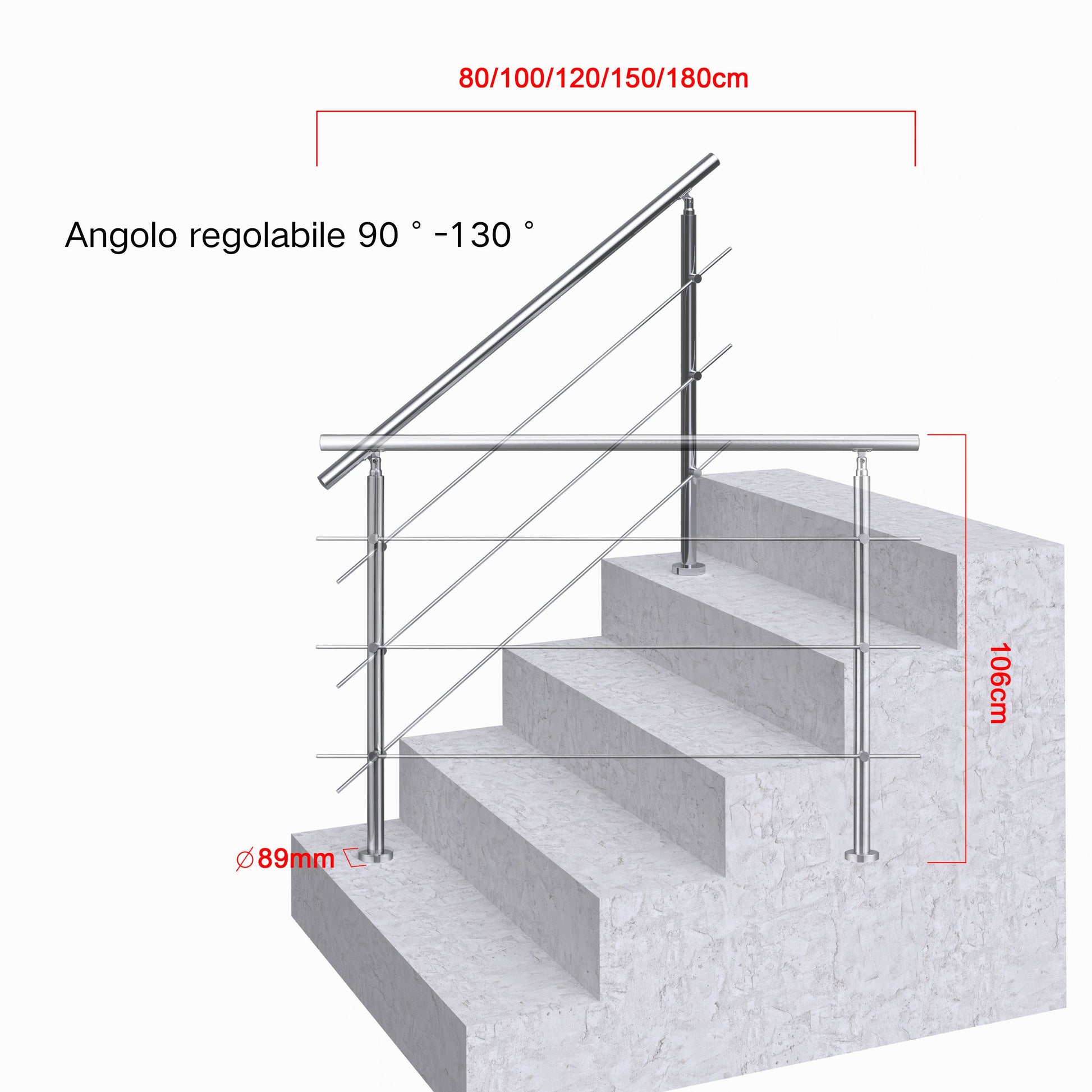 Ringhiera universale in acciaio inox 80-100-120-150-180-200-220-240 cm con 3 barre trasversali