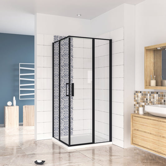 Box Doccia Angolare 80/90/100/120x80/90/100/120 cm H.185 cm Doppia Porta Battente in Vetro Temperato Trasparente Anticalcare 6 mm Profilo Nero Opaco