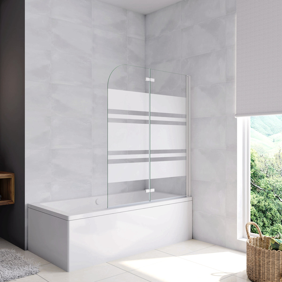 Aica 140 cm Sopravasca da Bagno Due Ante Mobili verso Sinistro/Destro Vetro 6mm Temperato Anticalcare Fascie Centrali in Serigrafato Bianco Opaco 110x140 Verso Destro