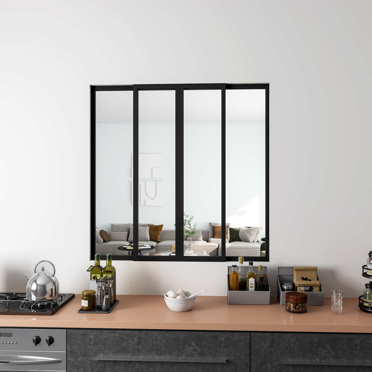 Vetrata Scorrevole Interna 123x108 cm in Vetro Temperato 4 Lastre Corniciate Profilo Nero Opaco Divisorio da Casa