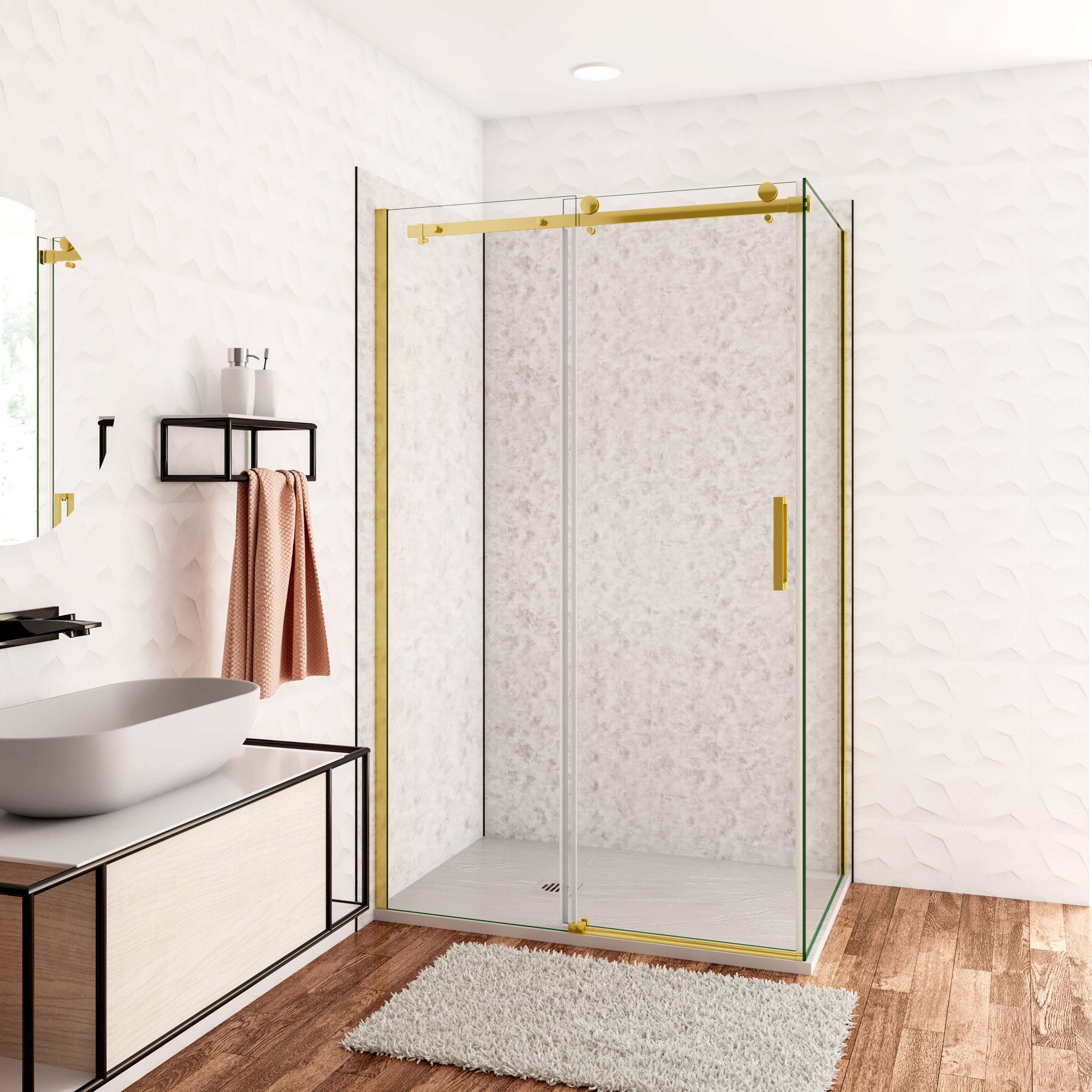 Box Doccia Angolare H.195 cm Porta Scorrevole con Parete Fissa Vetro 8 mm Temperato Anticalcare Trasparente Telaio Cromo Dorato - Consegna gratuita