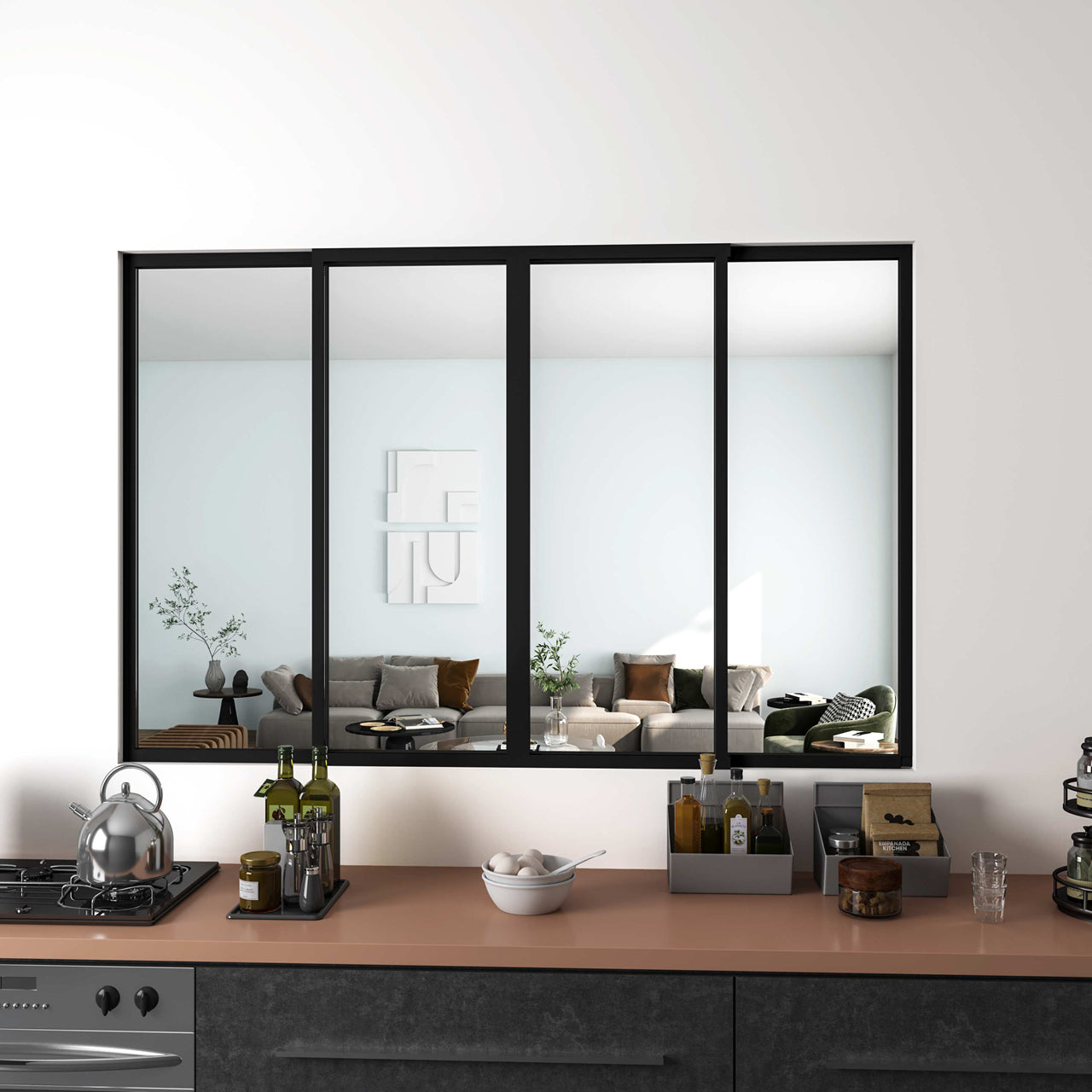 Vetrata Scorrevole Interna 183x108 cm in Vetro Temperato 4 Lastre Corniciate Profilo Nero Opaco Divisorio da Casa