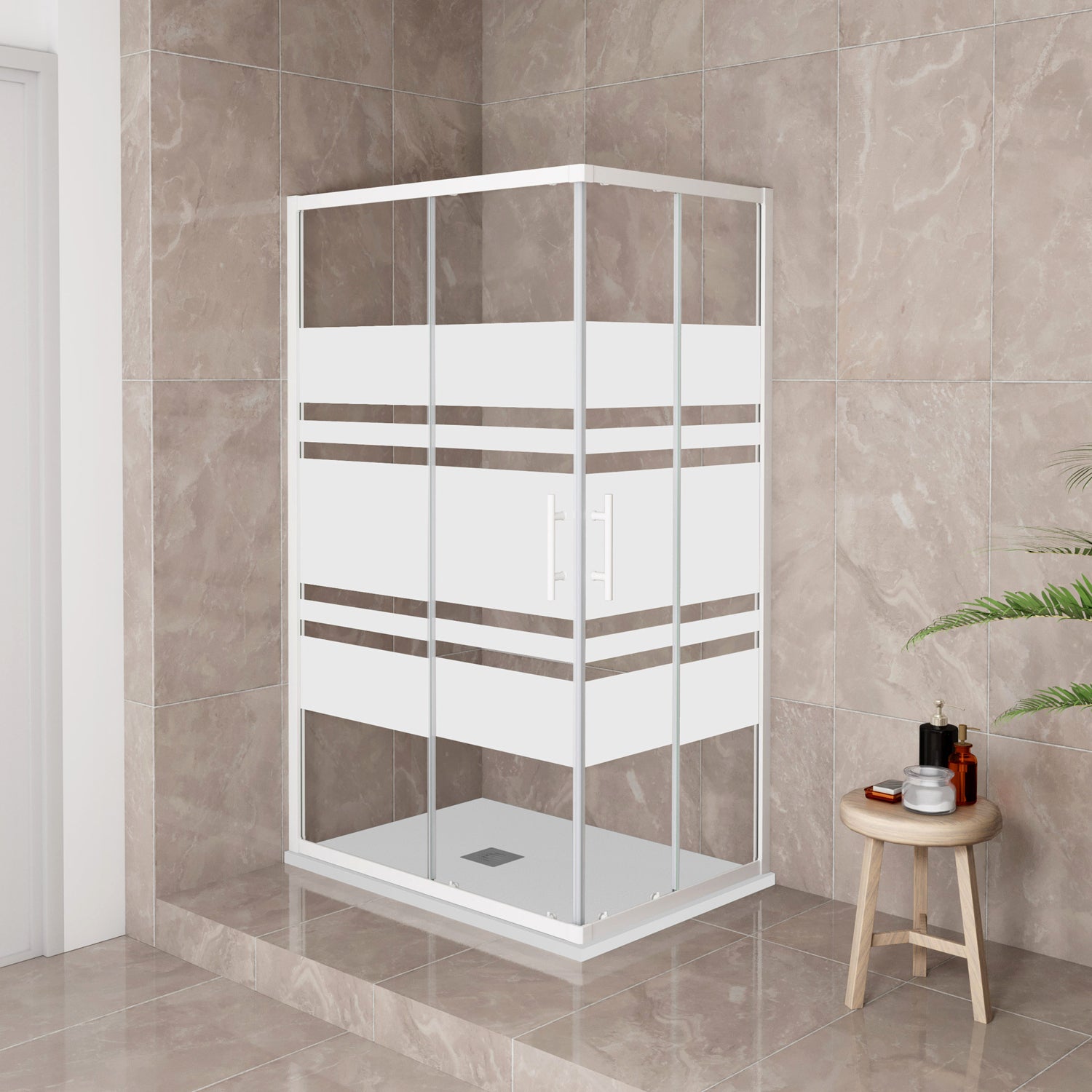 185 cm Box Doccia Angolare 70-80-90-100x70-80-90-100 cm Porte Scorrevoli Vetro Temperato 5 mm Anticalcare Fascie in Serigrafato Telaio Bianco Opaco