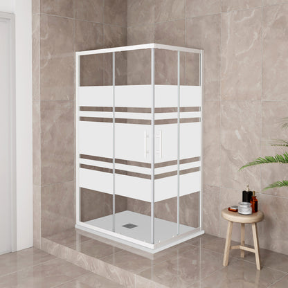 185 cm Box Doccia Angolare 70-80-90-100x70-80-90-100 cm Porte Scorrevoli Vetro Temperato 5 mm Anticalcare Fascie in Serigrafato Telaio Bianco Opaco