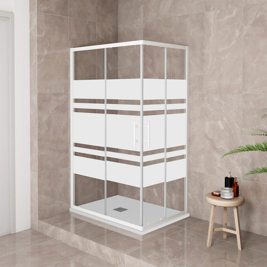 185 cm Box Doccia Angolare 70-80-90-100x70-80-90-100 cm Porte Scorrevoli Vetro Temperato 5 mm Anticalcare Fascie in Serigrafato Telaio Bianco Opaco