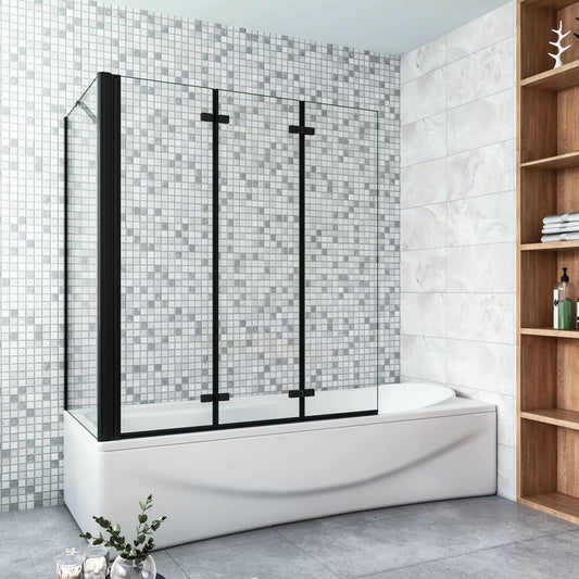 Parete Doccia Per Vasca con Lato Fisso 130x65 cm H.140 cm 3 Ante Movibili Pieghevoli a Libro in Vetro Temperato 6 mm Trasparente Anticalcare Telaio Nero Opaco
