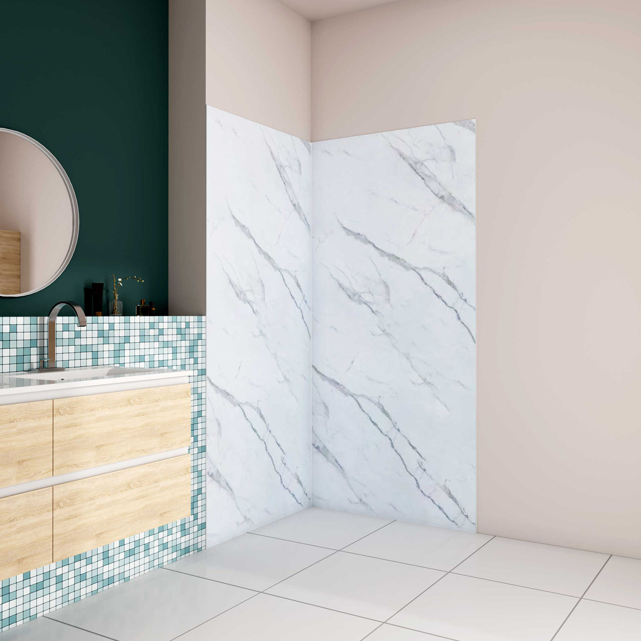 H.210 cm Pannello Doccia ad Angolo Realizzato in Alluminio da 3 mm con Profili Finitura Bianco Alba per Rivestimento Parete Bagno - Consegna gratuita