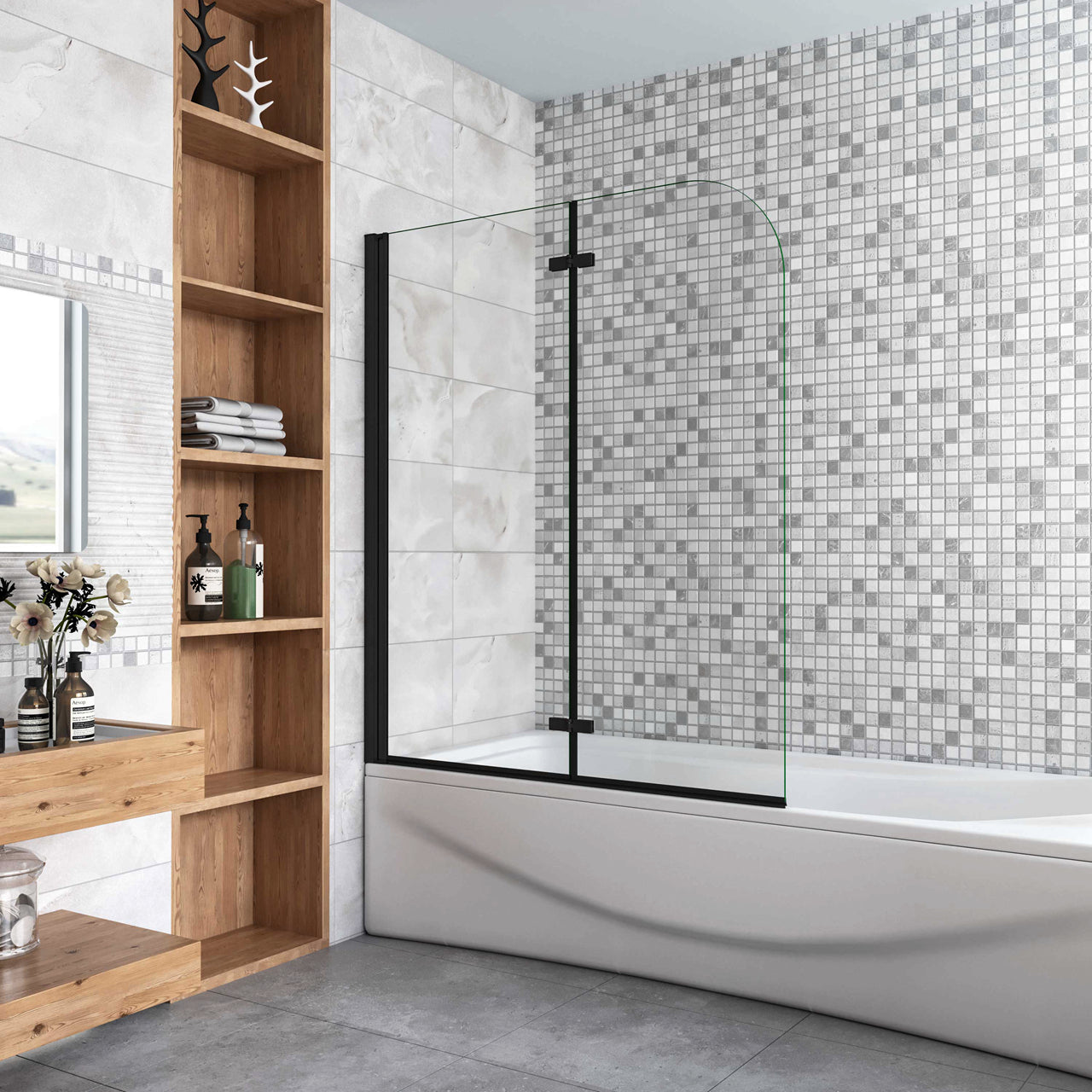 Sopravasca da Bagno Parete Vasca Doccia 90/100/110/120x140 cm Due Ante Movibili Vetro Temperato Trasparente 6 mm Anticalcare Telaio Nero Opaco - Consegna gratuita