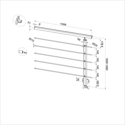 Ringhiera Parapetto in Alluminio Nero Opaco o Argento Opaco L. 100/150/200 cm a Montaggio a Parete, con supporto di collegamento a Parete