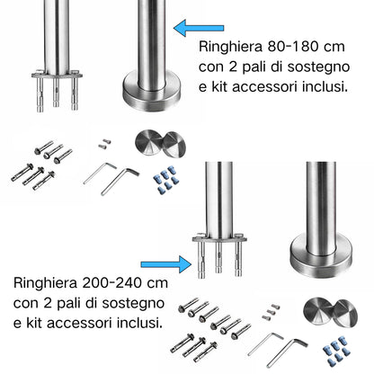Ringhiera universale in acciaio inox 80-100-120-150-180-200-220-240 cm con 3 barre trasversali