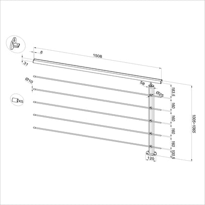 Ringhiera Balaustra in Alluminio Nero Opaco o Argento Opaco L. 100/150/200 cm a Montaggio a Pavimento, con Supporto di Collegamento a Parete