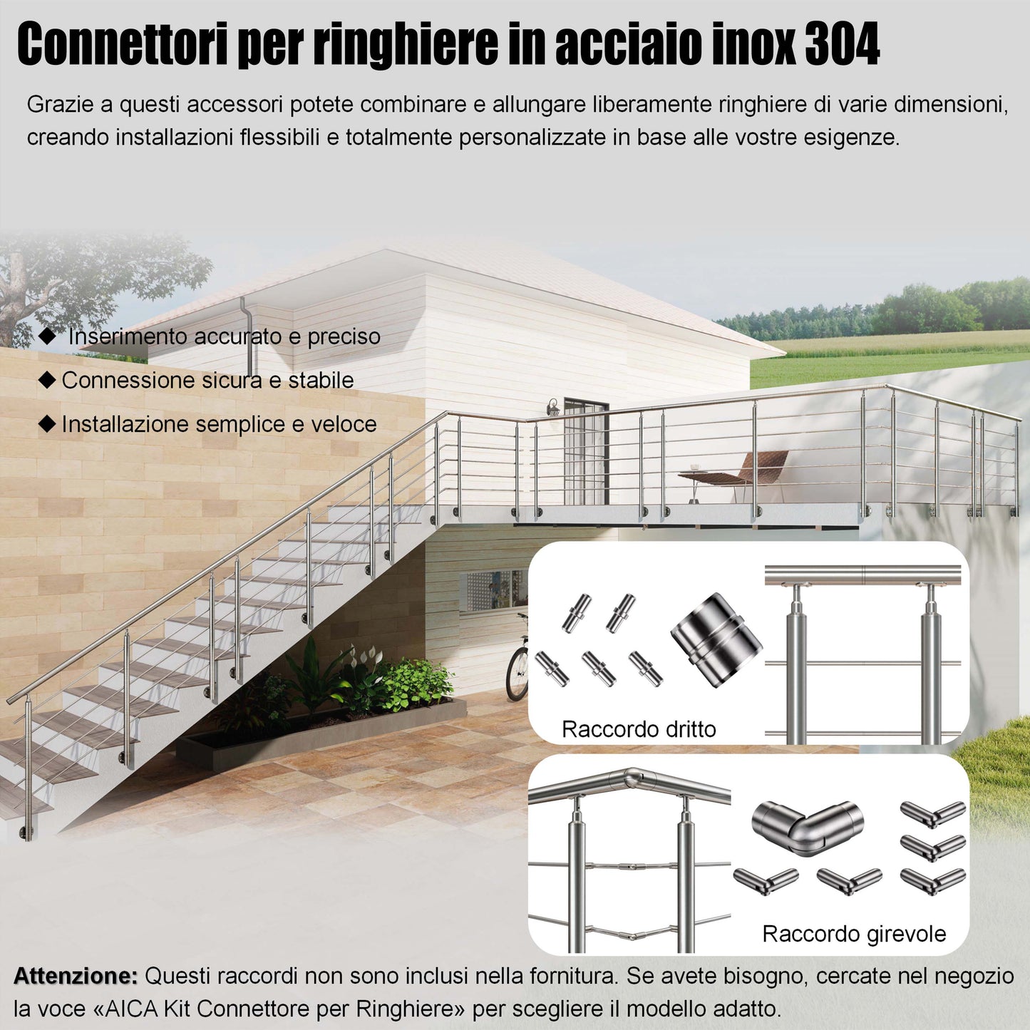 Kit ringhiera in acciaio inox 304 con montaggio laterale, lunghezze 100–240 cm, 5 traverse, espandibile con giunzioni