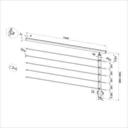 Ringhiera Parapetto in Alluminio Nero Opaco o Argento Opaco L. 100/150/200 cm a Montaggio a Parete, con supporto di collegamento a Parete