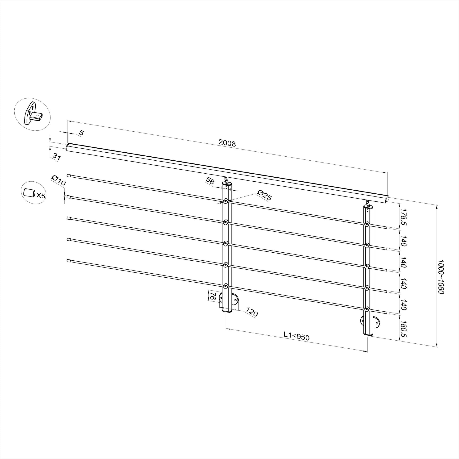 Ringhiera Parapetto in Alluminio Nero Opaco o Argento Opaco L. 100/150/200 cm a Montaggio a Parete, con supporto di collegamento a Parete