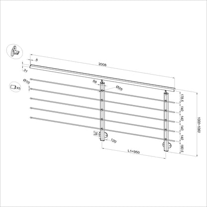 Ringhiera Parapetto in Alluminio Nero Opaco o Argento Opaco L. 100/150/200 cm a Montaggio a Parete, con supporto di collegamento a Parete