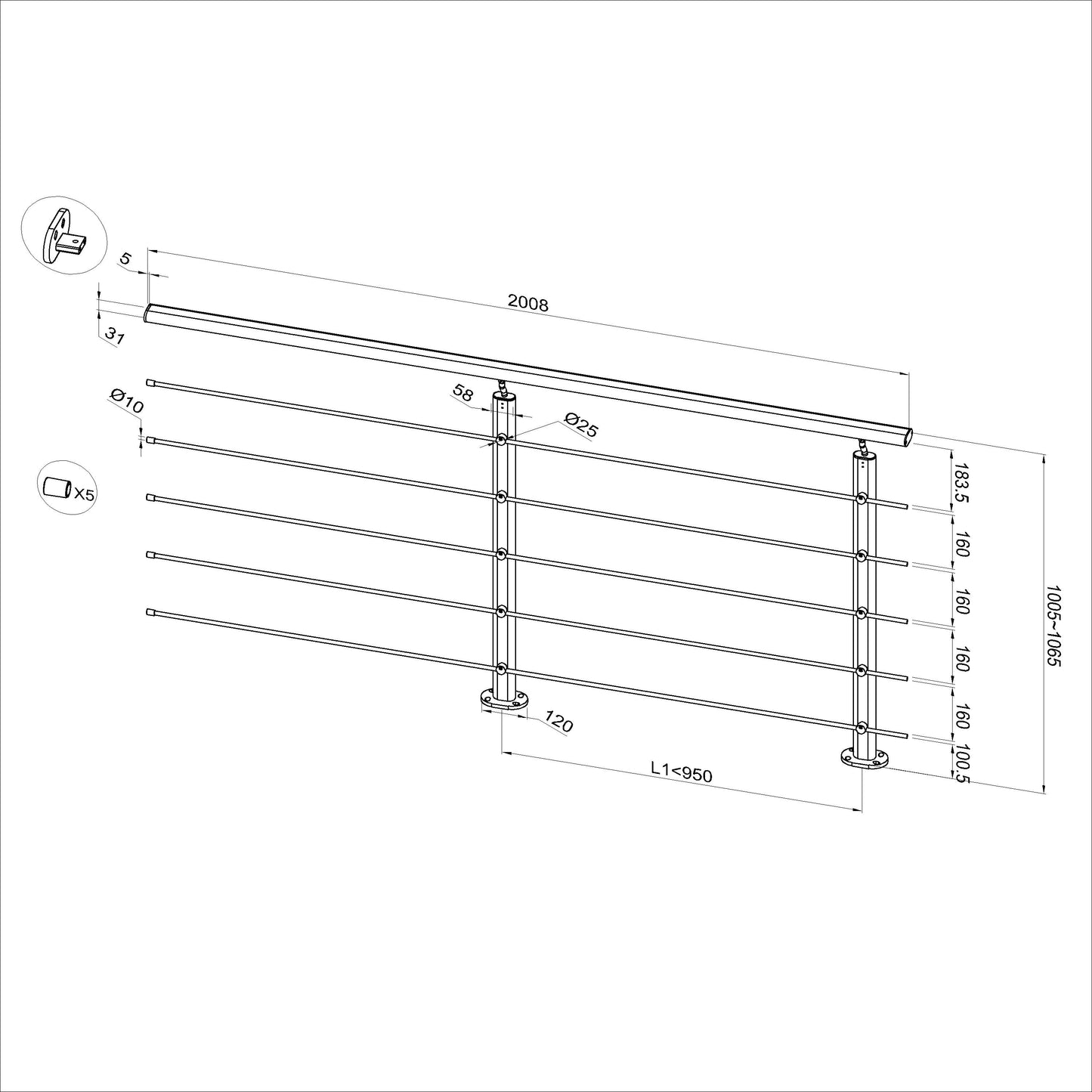Ringhiera Balaustra in Alluminio Nero Opaco o Argento Opaco L. 100/150/200 cm a Montaggio a Pavimento, con Supporto di Collegamento a Parete