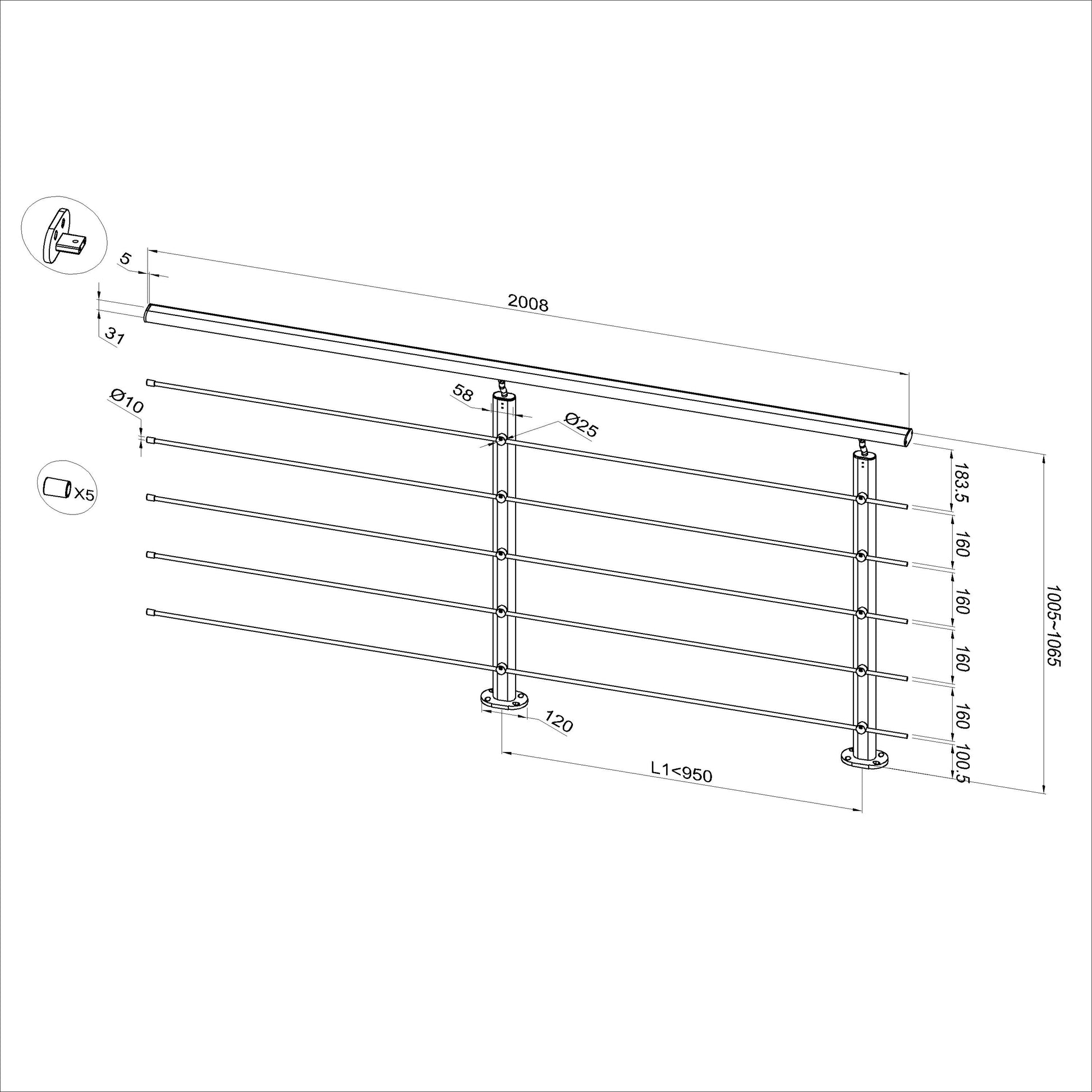 Ringhiera Balaustra in Alluminio Nero Opaco o Argento Opaco L. 100/150/200 cm a Montaggio a Pavimento, con Supporto di Collegamento a Parete