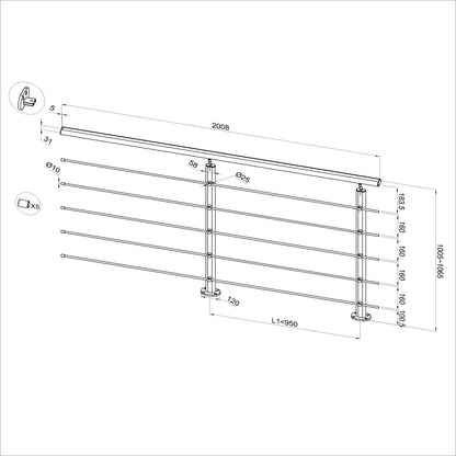 Ringhiera Balaustra in Alluminio Nero Opaco o Argento Opaco L. 100/150/200 cm a Montaggio a Pavimento, con Supporto di Collegamento a Parete