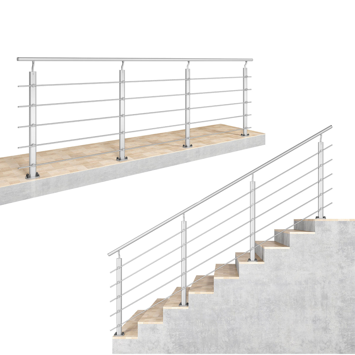 Ringhiera Parapetto in Alluminio Argento o Nero Opaco — Disponibile in 3 Misure: L. 100/150/200 cm — Montaggio a Pavimento per Interni ed Esterni#Argento