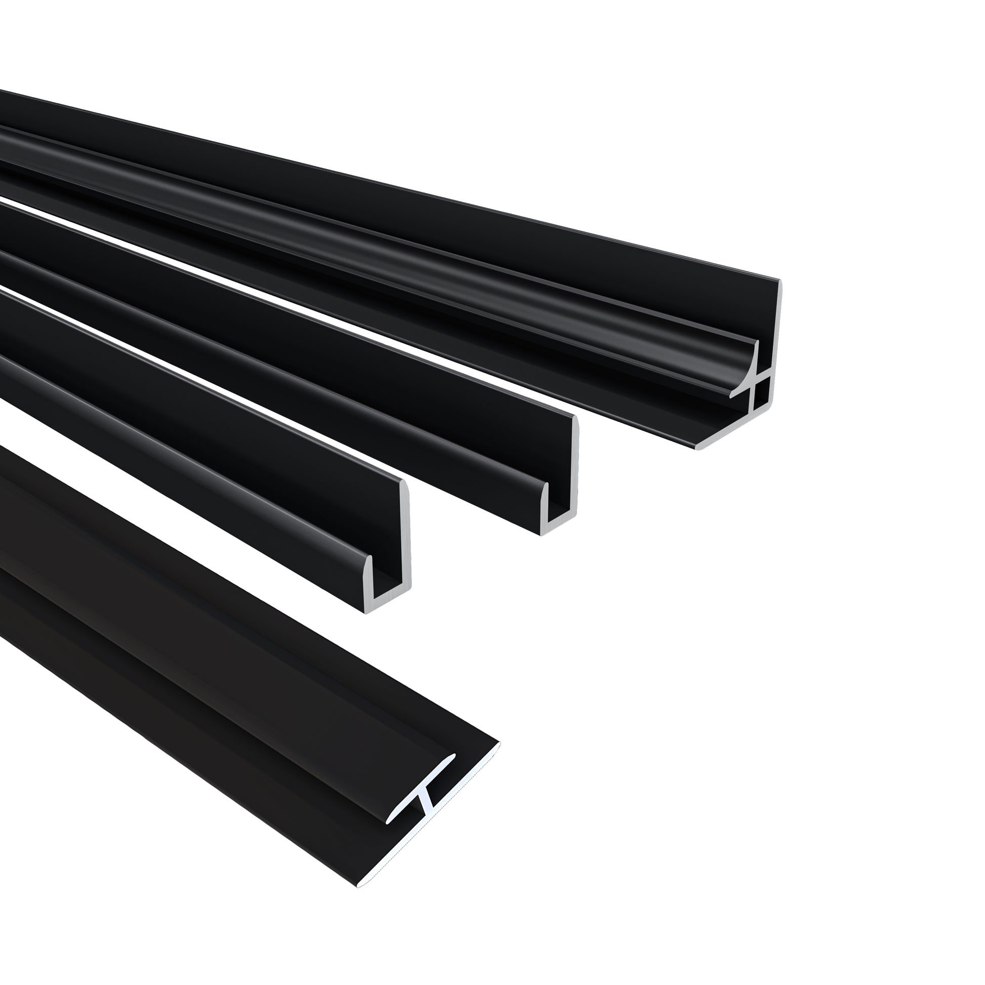 Pannello doccia angolare H.210 cm, disponibile in più misure, realizzato in alluminio da 3 mm con finitura nero opaco, adatto per l'arredo delle pareti del bagno.