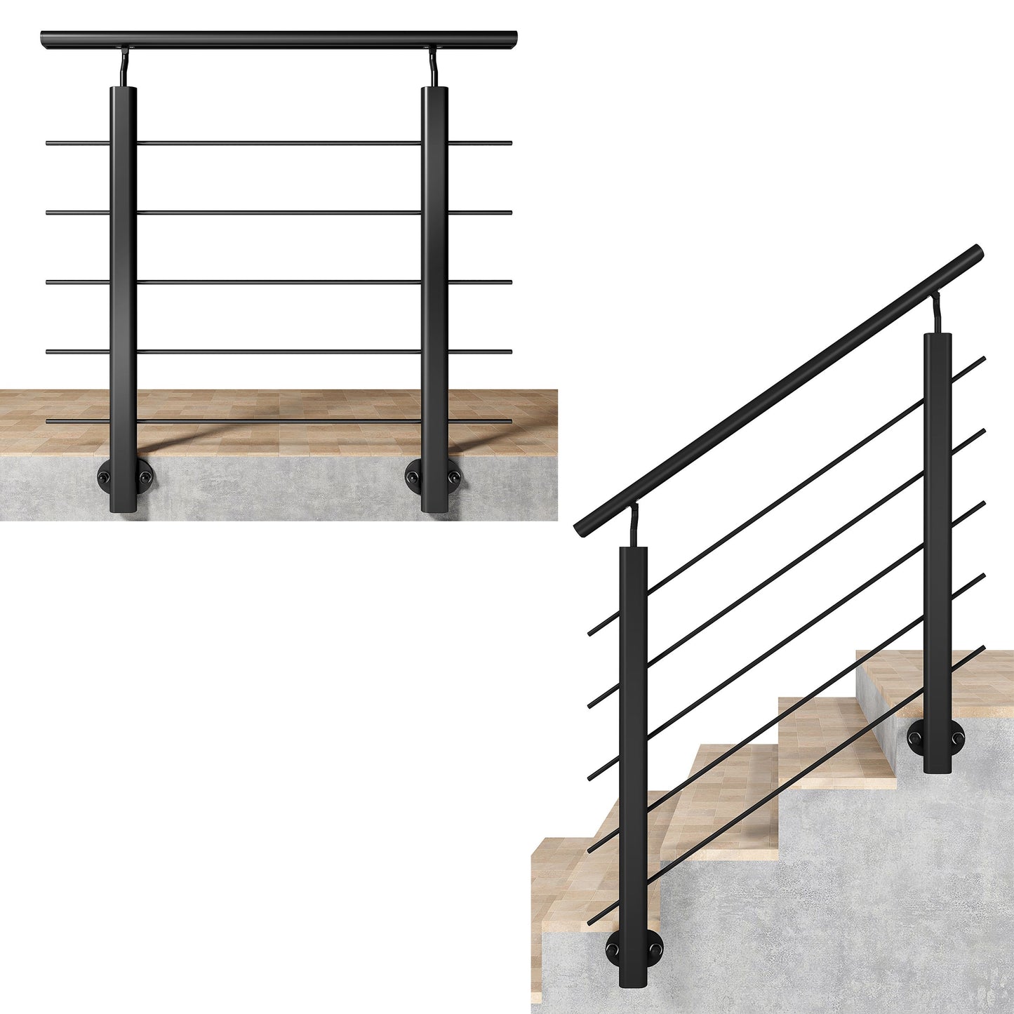 Ringhiera Balaustra in Alluminio Argento Opaco o Nero Opaco L. 100/150/200 cm a Montaggio a Parete, con Supporto di Collegamento a Parete#Nero