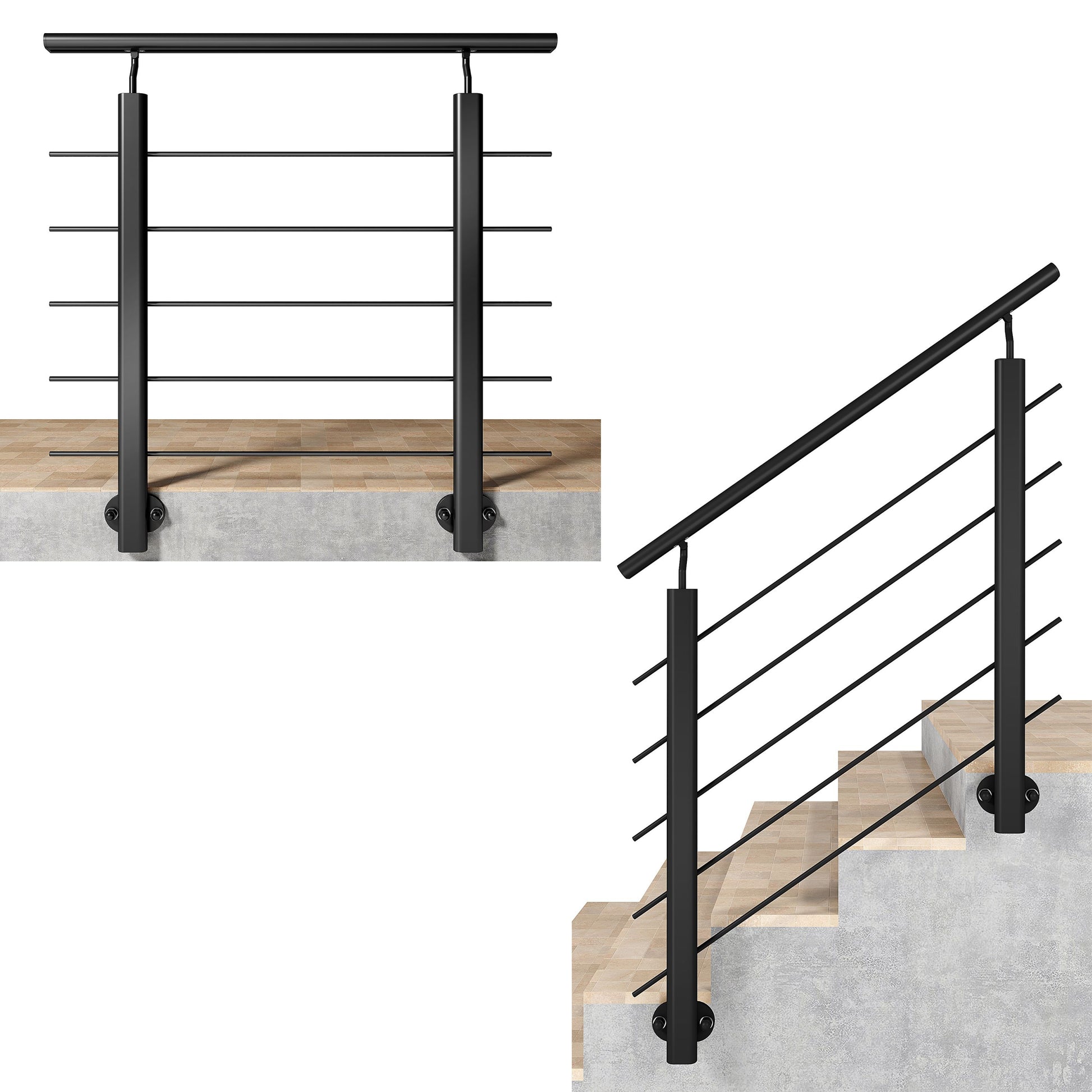 Ringhiera Balaustra in Alluminio Argento Opaco o Nero Opaco L. 100/150/200 cm a Montaggio a Parete, con Supporto di Collegamento a Parete#Nero